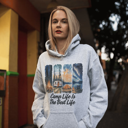 Our Camp Life Is The Best Life Hoodie features four epic camping scenes—from starry skies and crackling fires to cozy tents and scenic trails.